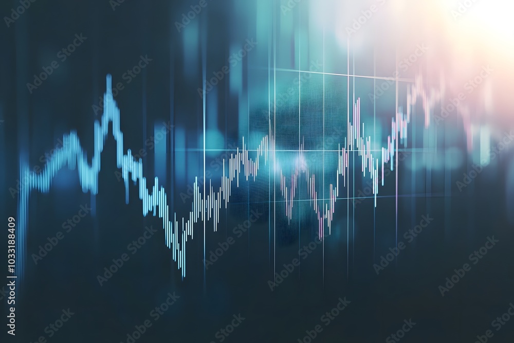 Poster a stock market graph with rising candlestick patterns, indicating an upward trend in the financial l
