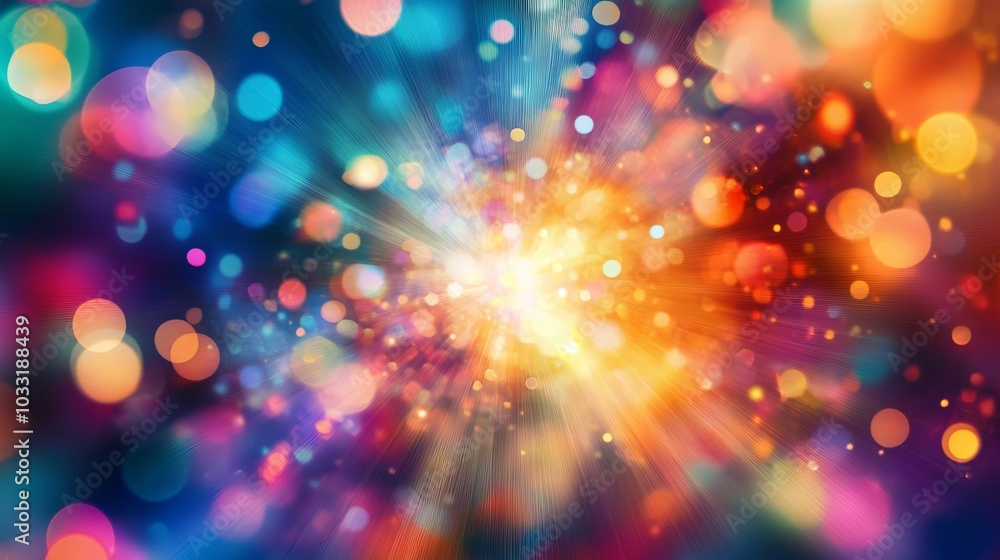 Poster Colorful abstract bokeh background with light burst effect