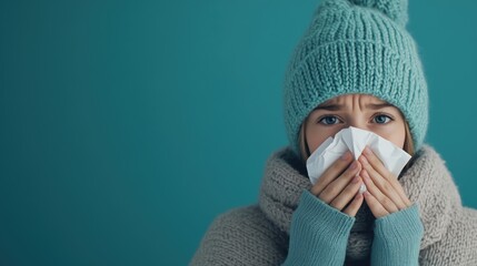 A girl dressed in a knitted hat and scarf holds a tissue to her nose, looking sick and uncomfortable. The soft winter clothes and teal background highlight the cold and flu theme,