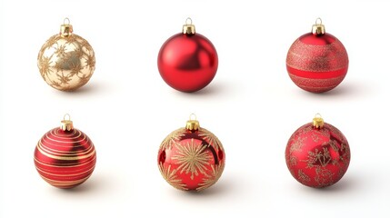 Set of shiny red and gold Christmas baubles isolated on a pure white background