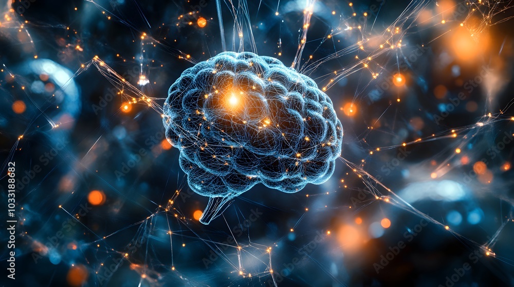 Poster a digital representation of a brain interconnected with a network of glowing lines