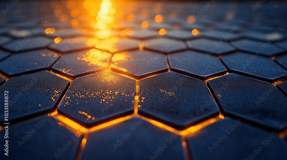 Poster a close-up view of hexagonal tiles reflecting warm light, creating a textured surface.