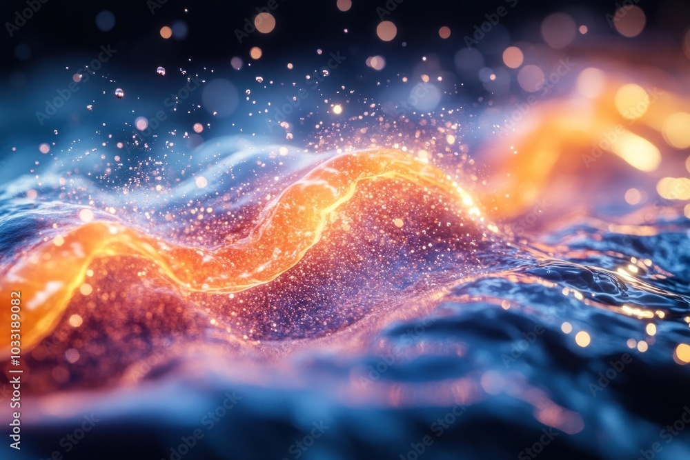 Poster a mesmerizing abstract representation of glowing waves and sparkling particles.