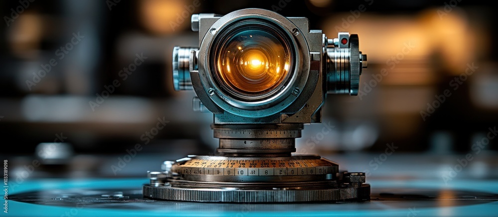 Aufkleber a close-up of a mechanical camera lens on a rotating base, highlighting precision engineering.