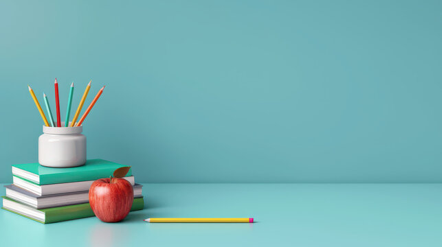 Back to School: A minimalist still life featuring a stack of colorful textbooks, a red apple, a pencil, and a jar of colorful pencils, all against a calming turquoise backdrop.