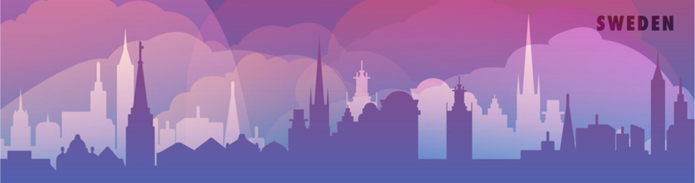 Sweden country skyline with cities panorama, gradient thin banner. Purple color Stockholm, Malmo, Gothenburg, Uppsala, Linkoping cityscapes for footer, header, infographic, horizontal graphic