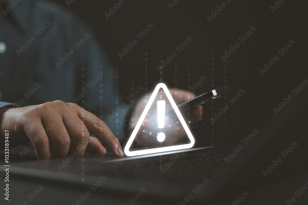 Poster error 404 alerts on a laptop, caution of spam in website digital technology. concept of warning symbol or attack cyber, security notification. warn failure of the computer, danger from network mistake