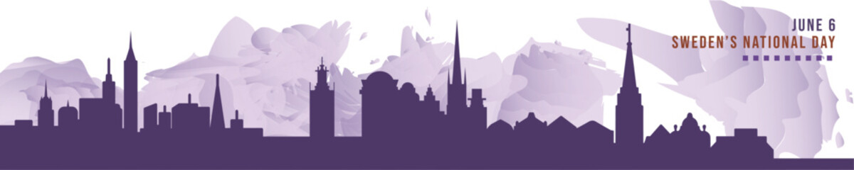 Happy Sweden National Day in June banner with cities skyline, panorama. Flat vector celebration graphic, layout for footer, steamer, header