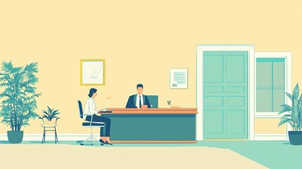 A lawyer sits at a desk advising a client, offering professional legal services in an office setting. Illustration with copy space.