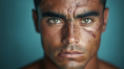 Fototapeta premium A determined man with intense green eyes and a rugged face scarred from past battles, looking straight into the camera with a powerful, gritty expression, highlighting resilience and toughness