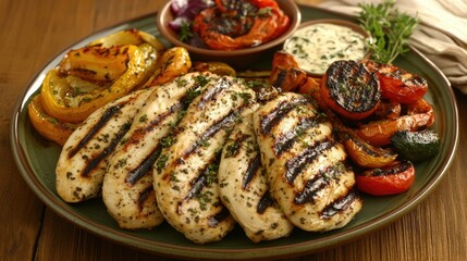 A plate of grilled turkey chicken breast with roasted vegetables, arranged beautifully with fresh herbs and spices.