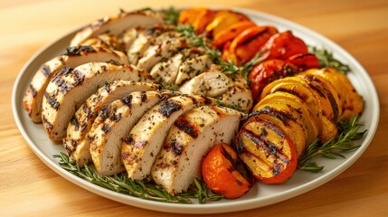 A plate of grilled turkey chicken breast with roasted vegetables, arranged beautifully with fresh herbs and spices.