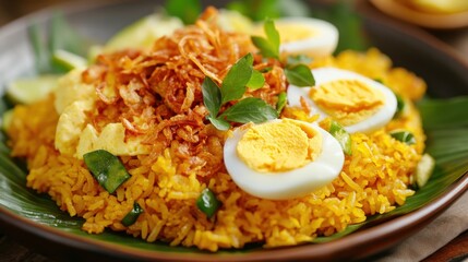 A plate of Indonesian nasi kuning (turmeric rice) garnished with fried shallots, boiled eggs, and herbs, served with side dishes on a banana leaf.