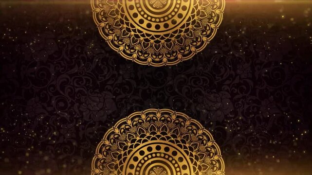Two ornate gold mandalas with intricate patterns on a dark background with gold sparkles. - Powered by Adobe