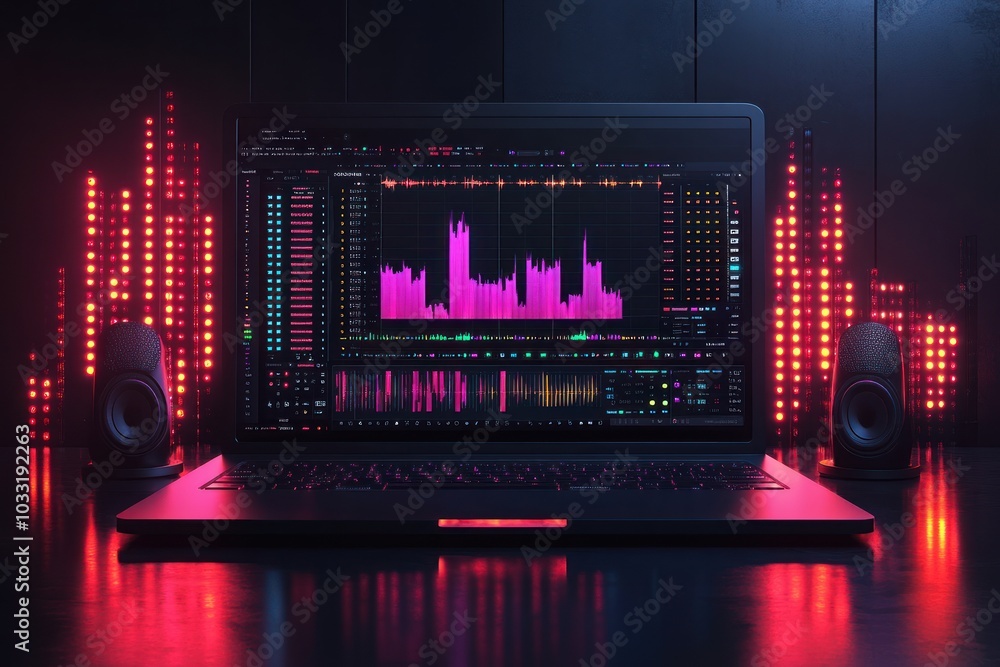 Aufkleber a laptop displaying audio analysis with vibrant visualizations and speakers in a dark setting.