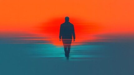 A silhouette of a person walking towards a vibrant sunset, creating a serene and contemplative atmosphere over the water.