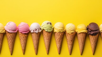 A variety of ice cream cones, each a different color and flavor, arranged against a bright background for a fun, summery look.