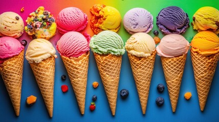 A variety of ice cream cones, each a different color and flavor, arranged against a bright background for a fun, summery look.