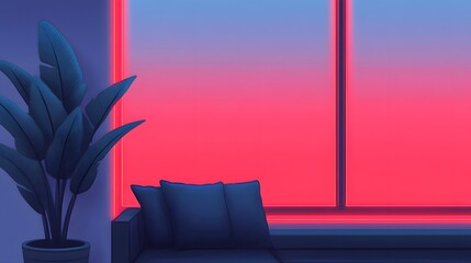 A modern, minimalistic interior scene with a sofa, decorative plant, and vibrant gradient lighting from the window.