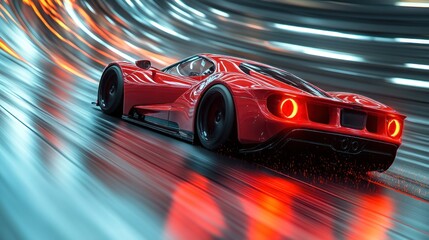 A sleek red sports car racing through a futuristic, illuminated environment.