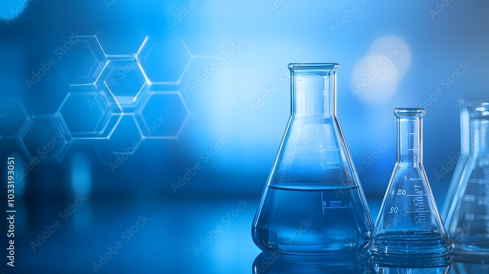 Poster closeup of erlenmeyer flasks on blue background with hexagon pattern