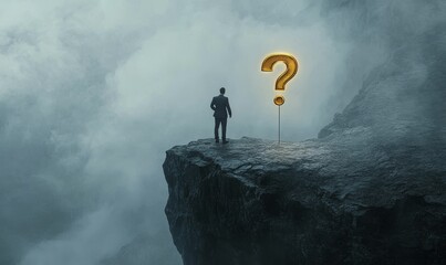 Man on cliff looking at golden question mark.