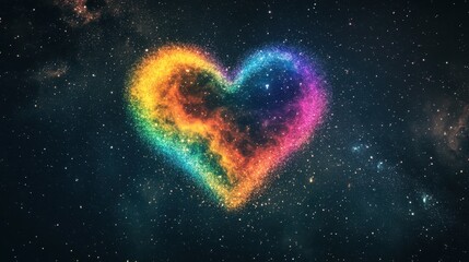 A vibrant nebula in space, forming the shape of a rainbow-colored heart, set against a dark starry sky, symbolizing love across the universe.