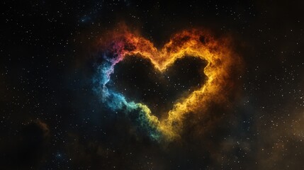 A vibrant nebula in space, forming the shape of a rainbow-colored heart, set against a dark starry sky, symbolizing love across the universe.