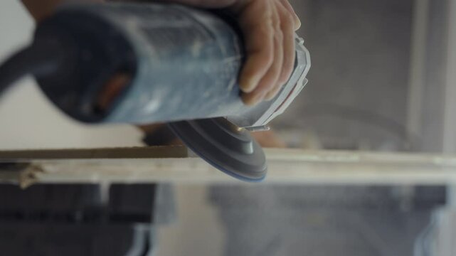 Cutting circular saw machine cuts piece of tile