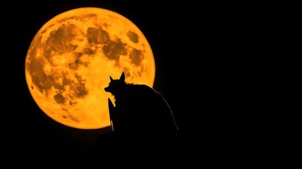 Naklejka premium A silhouette of a fox sitting on a rooftop against a backdrop of a large orange full moon in a dark night sky.
