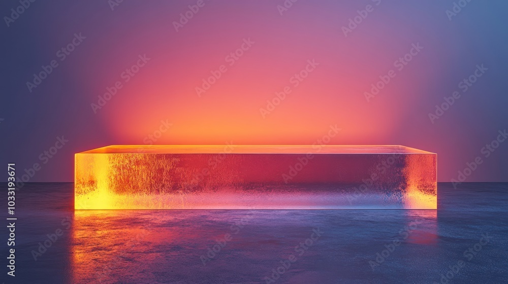 Poster a glowing ice block on a textured surface, illuminated with warm colors.