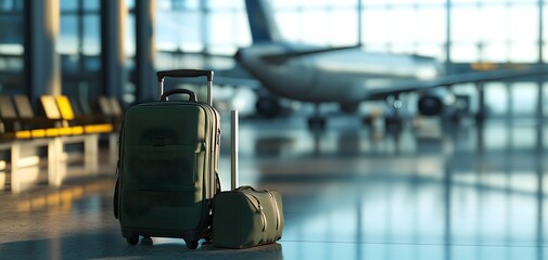 A travel suitcase and backpack on the airport floor with an airplane in the background. 3D rendering, Octane Render,