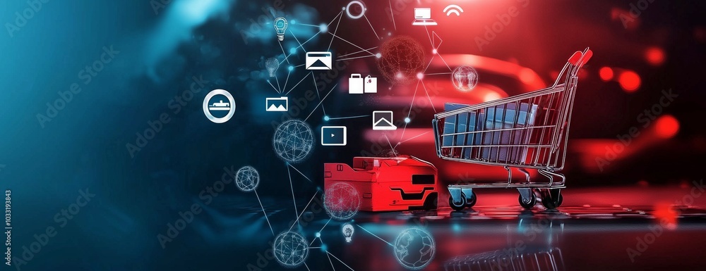 Aufkleber distribution and logistics concept of global digital internet marketing and business e-commerce bann