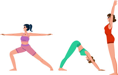 vinyasa yoga exercises vector. hatha pranayama, meditation balance, strength flow vinyasa yoga exercises character. people flat cartoon illustration