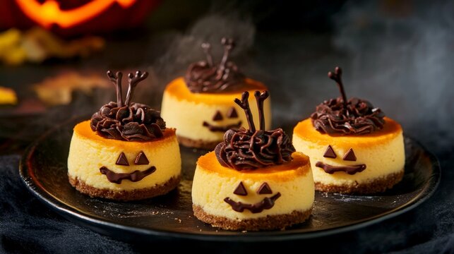 Mini Cheesecakes with Halloween Jack-O-Lantern Decor
