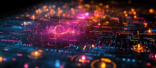 Obraz premium A vibrant digital landscape showcasing abstract data visualization and technology themes.