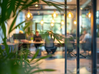 Blurred Office View Through a Glass Door
