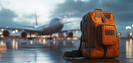 A travel suitcase and backpack on the airport floor with an airplane in the background. 3D rendering, Octane Render,