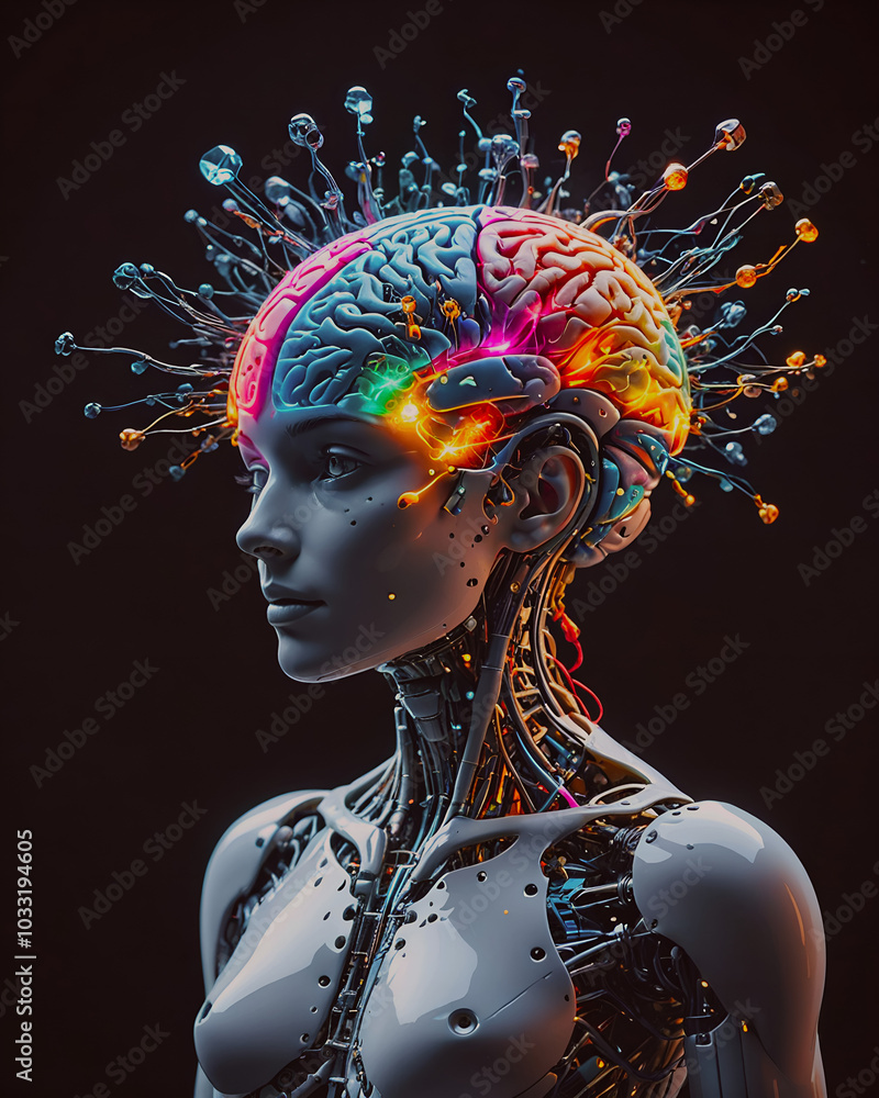 Poster 3d rendering of a female robot with a colorful brain on a black background