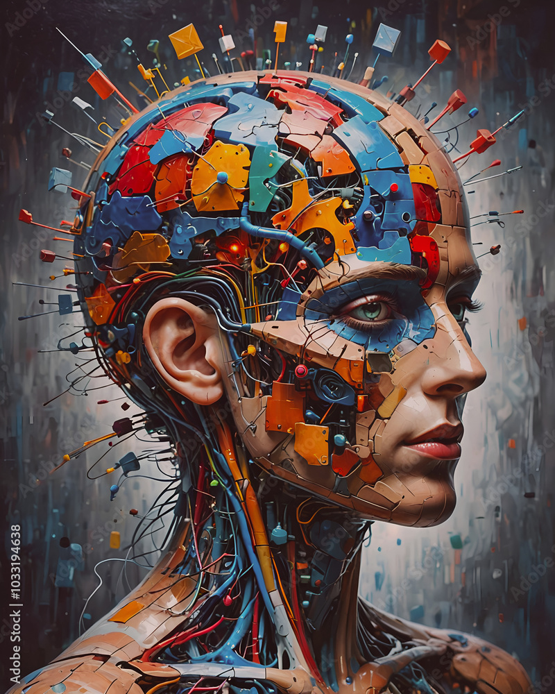 Poster cyborg head with abstract colorful brain. artificial intelligence and machine learning concept. 3d r