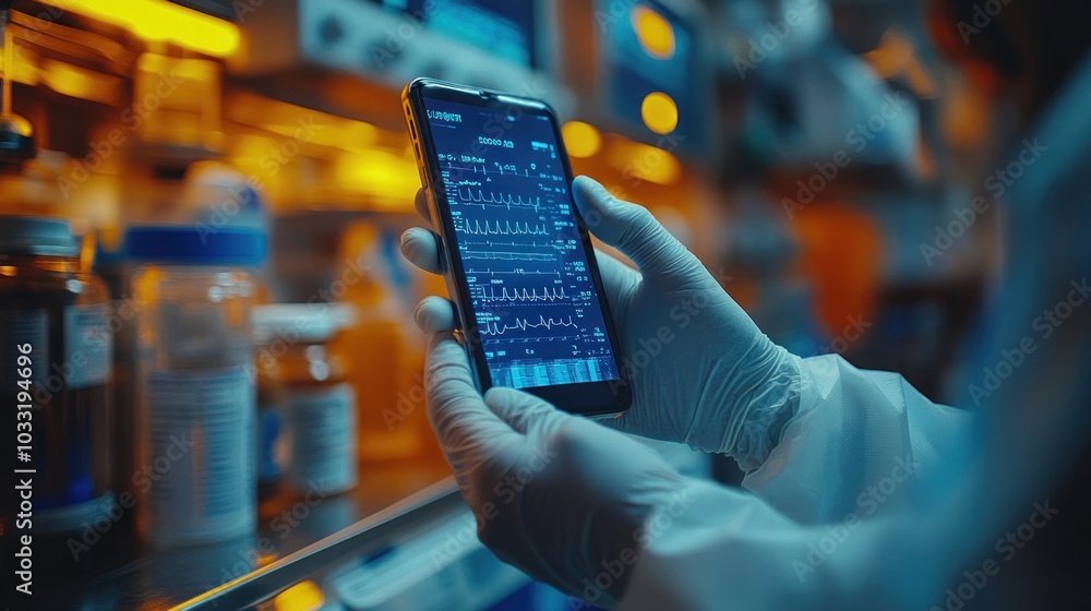 Poster a person in gloves holds a smartphone displaying medical data in a lab setting.
