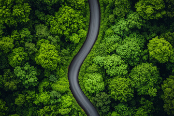 A winding road through a forest with trees on both sides. The road is surrounded by a thick canopy of green leaves, creating a sense of seclusion and tranquility