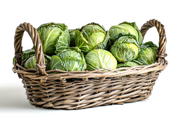 A basket filled with whole cabbages on a white background generative ai