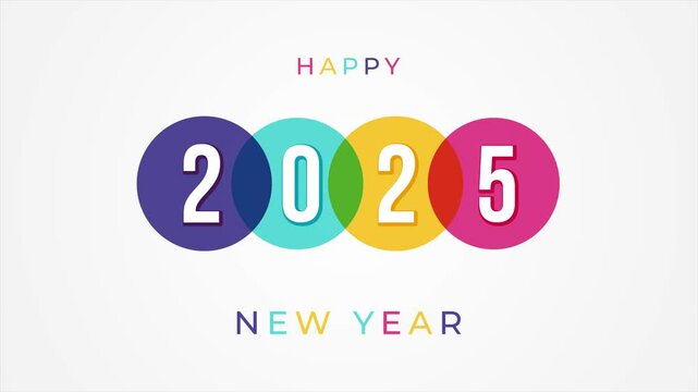 Happy New Year 2025 motion with multi color circle illustration on isolated background