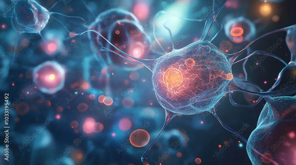 Poster microscopic view of a neuron with glowing dendrites