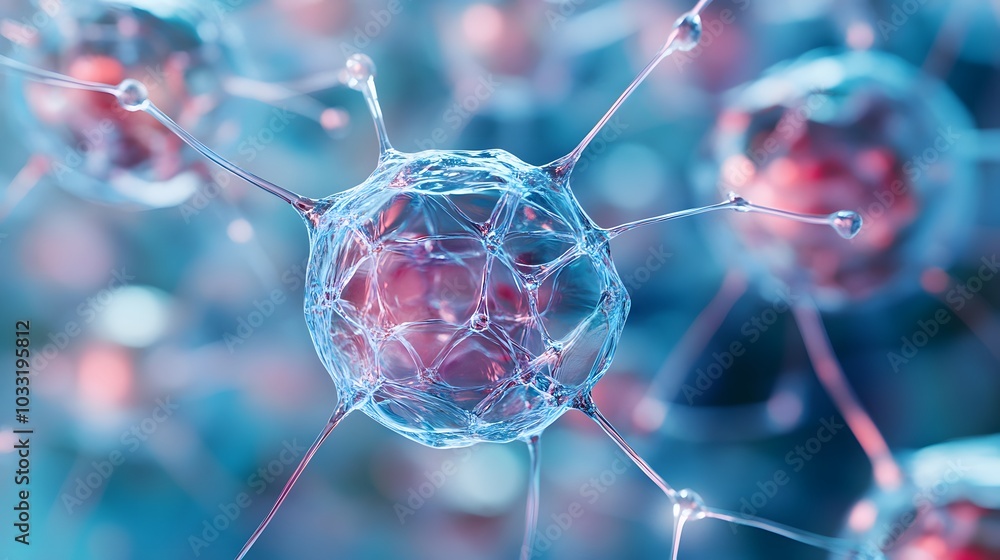 Poster a close-up view of a transparent, multifaceted cell with connecting spines