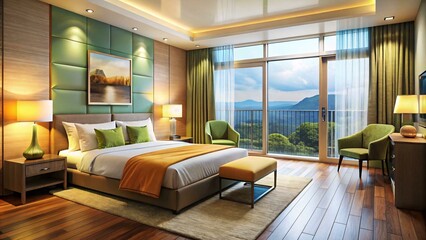 The image shows a luxurious bedroom with a large bed, two green armchairs, a yellow ottoman, a wood floor, and a view of the mountain through 