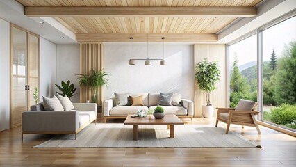 The image shows a modern living room with a white sofa, a wooden coffee table, and two armchairs. There is a large window with a view of a forest. The room is decorated with plants and has a wooden