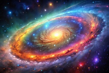 A colorful space galaxy cloud nebula with stars and asteroids in the backgroundThe nebula has a fra