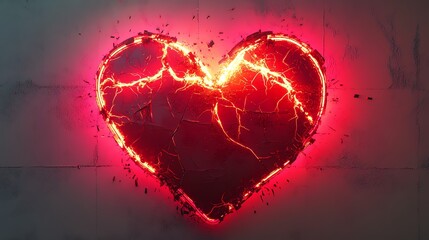 Broken neon heart sign, flickering with electric sparks, white background